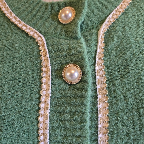 Urban Revivo Green Crew Knitted Cropped Cardigan Jeweled & Pearl Buttons Size M - Picture 7 of 11
